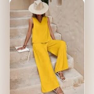 Solid Color Summer Tank Pants Wide Leg Light Weight Set XXL (L) Gold Yellow